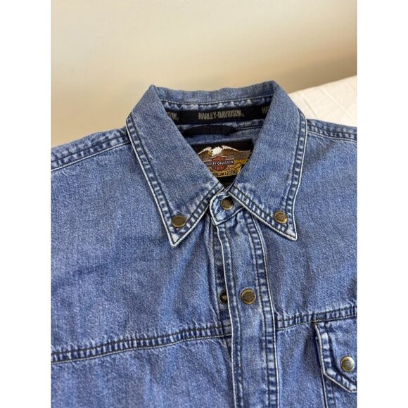 Harley Davidson Heavy Blue Denim Button-Up Shirt Y2K, Logo Buttons, Size Medium - Picture 3 of 9